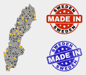 Mosaic gear Sweden map and blue Made In scratched stamp. Vector geographic abstraction model for workshop, or political purposes. Mosaic of Sweden map combined of random wheel, spanners,