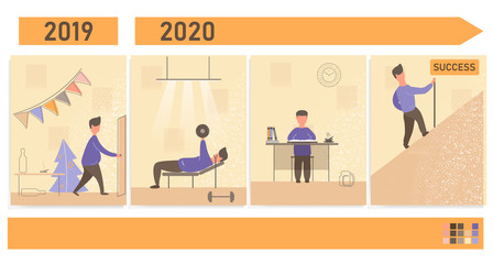 New life. Personal goals for the new year. Way to success. Self improvement. Vector illustration in cartoon and flat style. Life Tasks. Action planning. Sport and self-education. 2020.