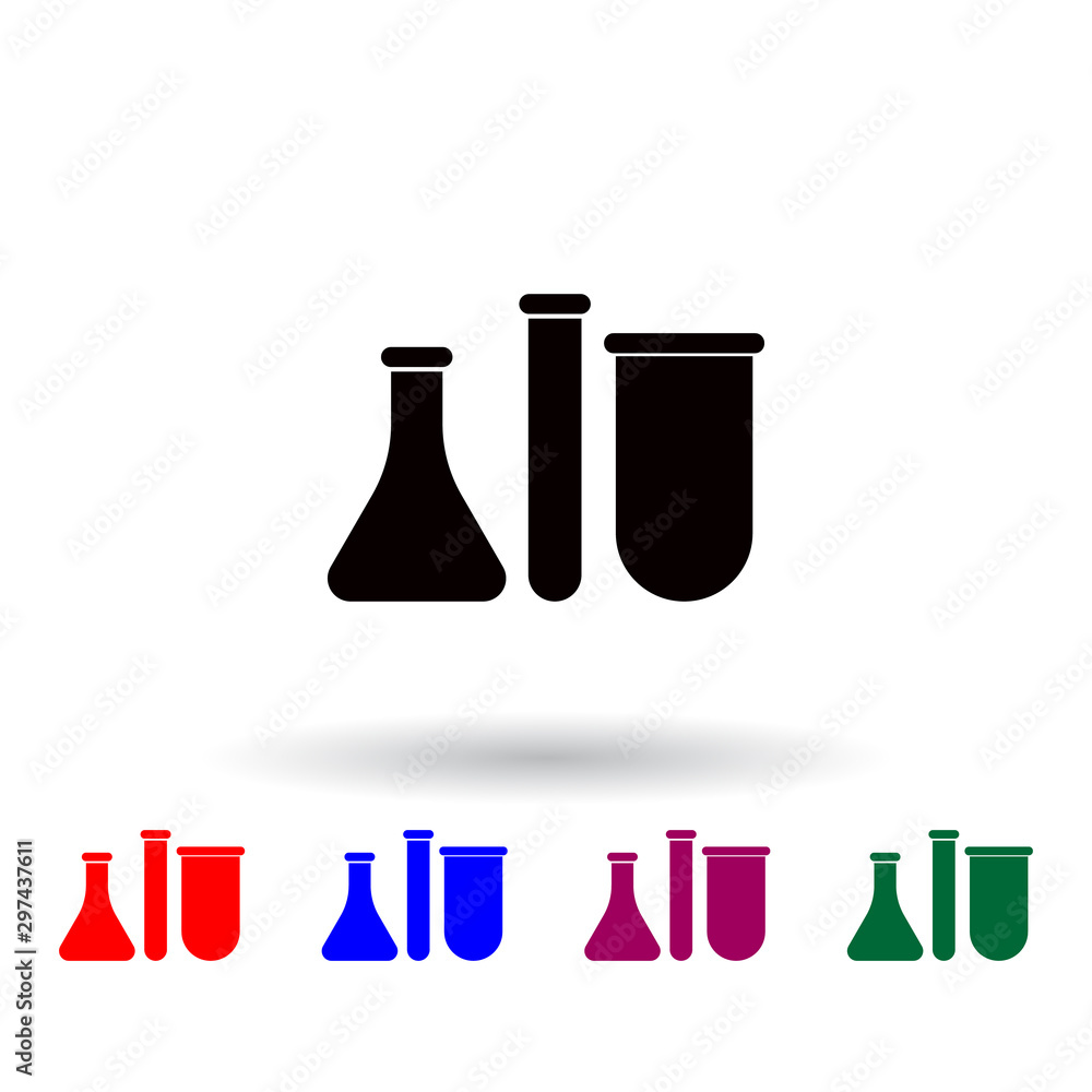 Poster flasks and test tubes multi color icon. elements of university life set. simple icon for websites, w