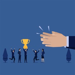 Business flat vector concept manager get trophy and hand clap metaphor of achievement.