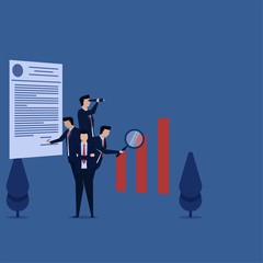 Obraz premium Business flat vector concept man hold magnify, telescope and pen for sign metaphor of multitasking.