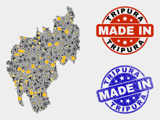 Mosaic industrial Tripura State map and blue Made In textured stamp. Vector geographic abstraction model for mechanic, or patriotic posters. Mosaic of Tripura State map combined of scattered wheel,