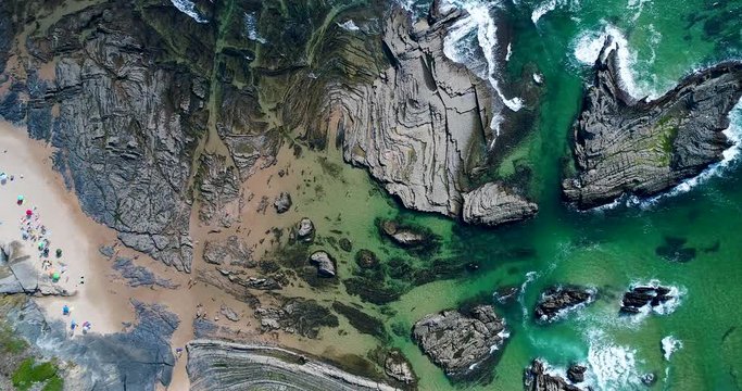 Aerial view of the Carreagem Beach and the rock formations at the in Aljezur, Algarve; 