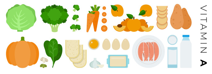 Vitamin A foods vector flat icons set with milk, salmon, carrot.