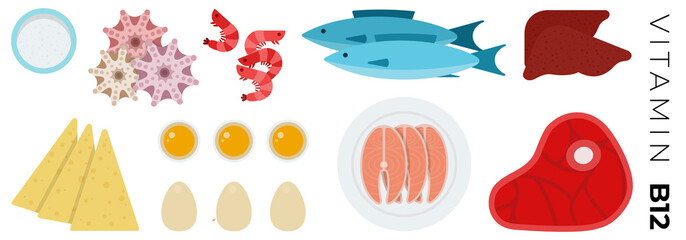 Vitamin B12 foods vector flat icons set with fish and meat.