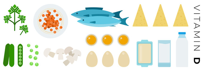Vitamin D foods vector flat icons set with milk, fish.