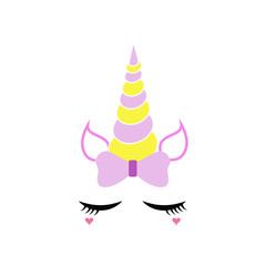 Obraz premium Cute unicorn face. Funny character with beauty eyes, bang, flower. Card and shirt print design. Colorful vector illustration isolated