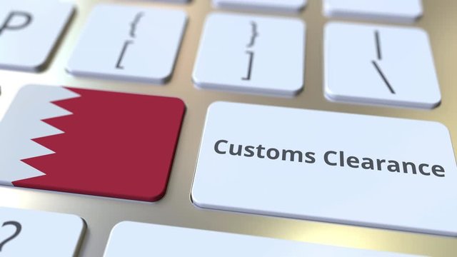 CUSTOMS CLEARANCE text and flag of Bahrain on the buttons on the computer keyboard. Import or export related conceptual 3D animation