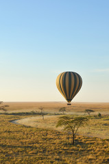 A striped hot air balloon floats above the plains of the Serengeti in Tanzani, Africa at sunrise;...