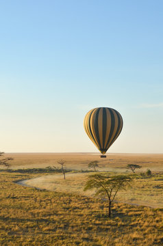 A striped hot air balloon floats above the plains of the Serengeti in Tanzani, Africa at sunrise; vertical image with copy space
