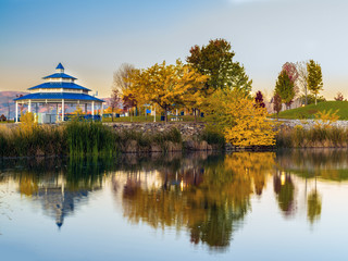 Autumn morning at the Sparks Marina park with yellow and orange colored leaves and a nice...