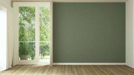 Empty room and green wall space for add artwork. Empty room with forest and meadow view. 3D Illustration