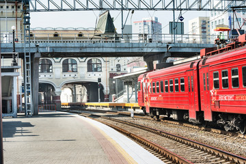 Fototapeta premium Russian trains at Vladivostok station, Siberia, . Russia. 26 April 2015.