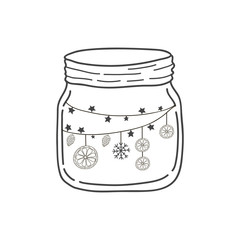 Glass jar with a garland and oranges. Vector freehand illustration in doodle style. New year illustration