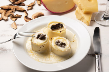 Homemade rondelli with four cheese and mushuroom sauce in white plate on rustic white wooden table background, soft light