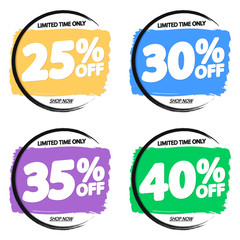 Set Sale tags, discount brush grunge banners design template, app icons, vector illustration
