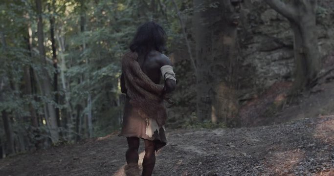 Caveman holding weapon neanderthals wearing animal skin stand walk look around want to attack in prehistoric forest ancient bushman aboriginal evolution stone primitive cave close up slow motion