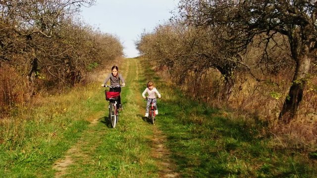 Aerial view slow motion cute girls having ride together in rural landscape FullHD 120p