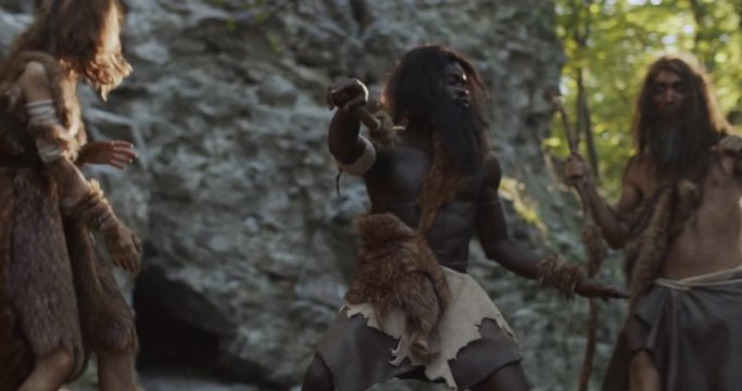 On the hill tribe caveman holding weapon neanderthals wearing animal skin stand dance look around feel freedom in prehistoric forest ancient bushman aboriginal evolution stone primitive slow motion