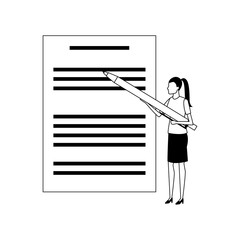 document page and avatar woman with big pen