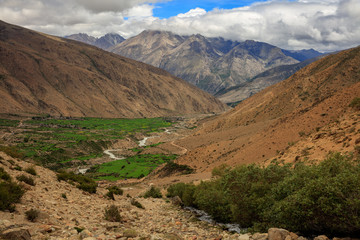 Kharta Valley, Wilderness area in Shigatse region of Tibet, close to Mount Everest. Tibetan Mountains, High Altitude Trekking adventure, Hiking Destination, Large Mountains, Valleys, Rugged Terrain.