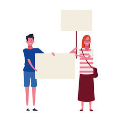 cartoon man and woman raising a blank placard