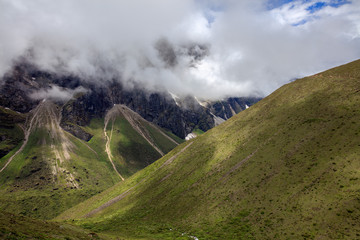 Kharta Valley, Wilderness area in Shigatse region of Tibet, close to Mount Everest. Tibetan Mountains, High Altitude Trekking adventure, Hiking Destination, Large Mountains, Valleys, Rugged Terrain.