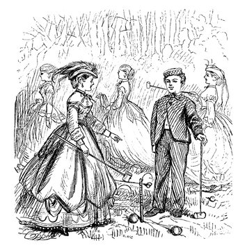 Woman & Boy Playing Croquet, Vintage Illustration