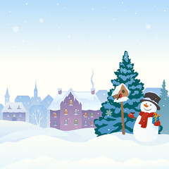 Snowy town, snow scene with a cute snowman feeding birds, Christmas morning outdoors