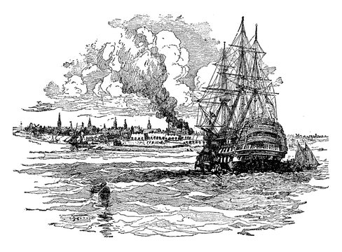 New York Harbor in Colonial Days, vintage illustration.