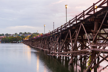 Uttama Nusorn Wooden Bridge, Mon bridge in Thailand,across the Songgaria river, Sangkhlaburi, Kanchanaburi Province.