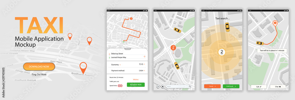 Poster taxi mobile application, call a car online. ui, ux, kit app. mobile phone application taxi service i