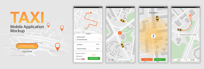 Taxi mobile application, call a car online. UI, UX, KIT App. Mobile phone application Taxi service in Flat style. GUI screens including sign In, cab booking, map navigation. Finished vector app