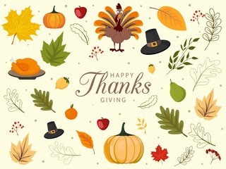 Happy Thanksgiving background with vegetables and colorful leaves.
