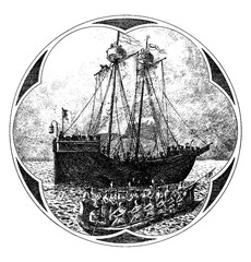 Fourteenth Century War Vessel and Barge, vintage illustration. © Morphart
