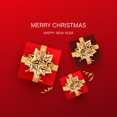 Merry Christmas and Happy New Year Card design. Red gift boxes with dotted frame on red background.