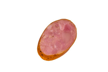 Sliced piece of smoked sausage isolated on a white background