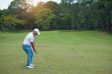 Fototapeta premium Golfer playing golf in beautiful golf course in the evening golf course with sunshine