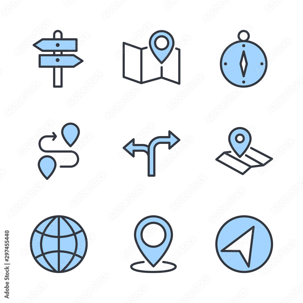 Poster Navigation set icon template color editable. Navigation pack symbol vector sign isolated on white background direction, maps, traffic and more illustration for graphic and web design.