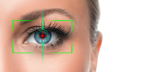 Eye ID concept. Female eye. Close up photo on white background