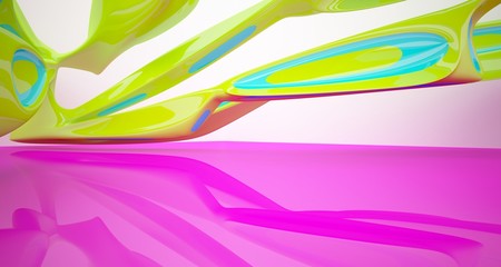 Abstract smooth architectural white interior with color gradient of a minimalist house with large windows. 3D illustration and rendering.