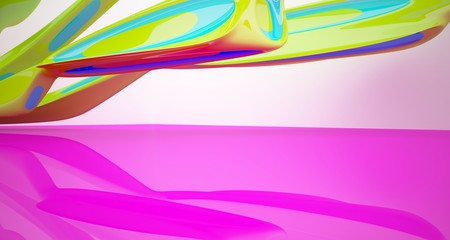 Abstract smooth architectural white interior with color gradient of a minimalist house with large windows. 3D illustration and rendering.