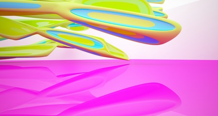 Abstract smooth architectural white interior with color gradient of a minimalist house with large windows. 3D illustration and rendering.