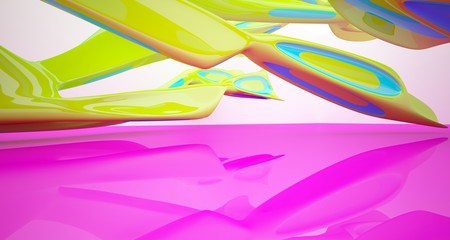 Abstract smooth architectural white interior with color gradient of a minimalist house with large windows. 3D illustration and rendering.