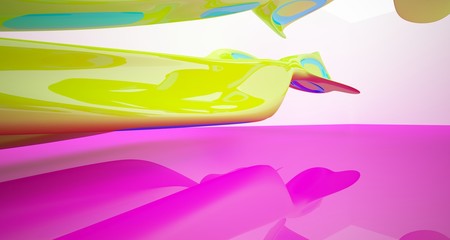 Abstract smooth architectural white interior with color gradient of a minimalist house with large windows. 3D illustration and rendering.