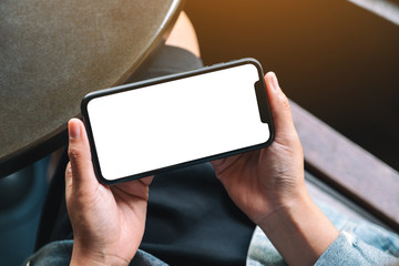 Mockup image of woman's hands holding black mobile phone with blank desktop screen