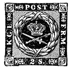 Denmark 2 Skillinge Stamp from 1853 to 1857, vintage illustration.