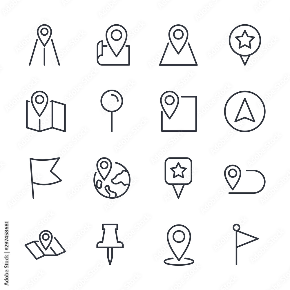 Poster Map pins related vector icon set sign isolated on white background. Pin Map, Office Location and more symbol vector illustration for graphic and web design. 