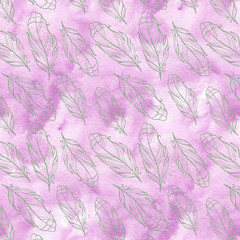 Fototapeta na wymiar Seamless pattern with hand drawn feathers with watercolor splatters.