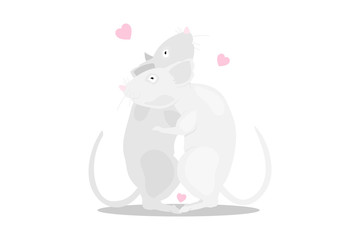 Gray rat is a symbol of the new year 2020. Cartoon characters are hugging on a white background. Romantic holiday illustration with hearts on a white background.